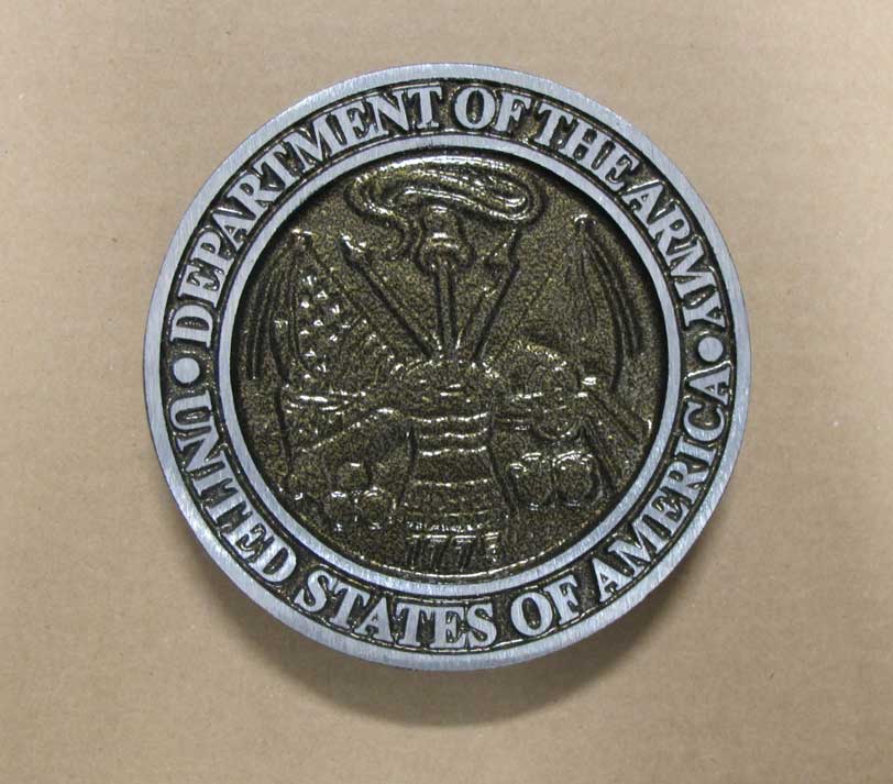 Close-up of a Department of the Army emblem on an Aluminum Military Grave Marker with detailed raised design and metallic finish