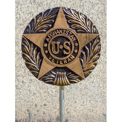 Plastic US Veteran Grave Marker featuring a bronze-style star with "Afghanistan U.S. Veteran" inscription and decorative laurel leaves on a metal stake.
