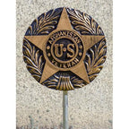 Plastic US Veteran Grave Marker featuring a bronze-style star with "Afghanistan U.S. Veteran" inscription and decorative laurel leaves on a metal stake.