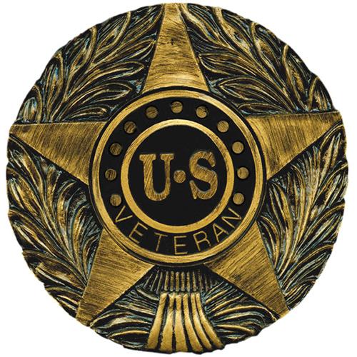 Plastic US Veteran Grave Marker featuring a brass-colored star design with US Veteran inscription on a textured background.