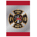 Fire Department Garden Flags featuring a firefighter emblem with helmet, ladder, axe, and hydrant on a metallic diamond plate background with red borders.