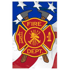 Fire Department Garden Flags featuring a red and gold firefighter emblem with axes and an American flag background.