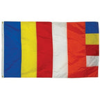 Outdoor Buddhist Flags featuring vibrant vertical stripes in blue, yellow, red, white, and orange colors designed for outdoor display.