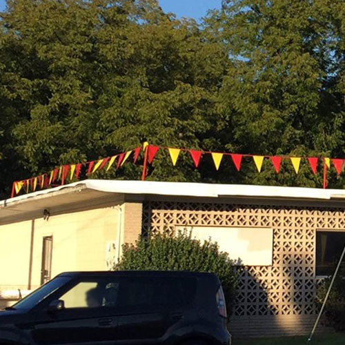 building with colorful bunting