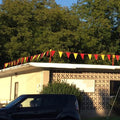 building with colorful bunting