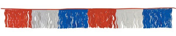 Red, white, and blue plastic streamers with a wav-cut design hanging on a string, styled as Old Glory Streamers - Wav-Cut.