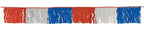 Red, white, and blue plastic streamers with a wav-cut design hanging on a string, styled as Old Glory Streamers - Wav-Cut.
