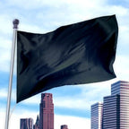 Black solid colored flag made of durable nylon fabric waving on a flagpole against a city skyline, Solid Colored Flags - Premier Nylon.