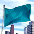 Solid Colored Flags - Premier Nylon teal flag waving on a pole against a city skyline with blue sky background