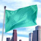 Solid Colored Flags - Premier Nylon green flag waving on a pole above a city skyline under a partly cloudy sky.