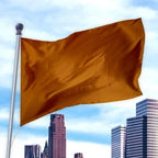 Solid Colored Flags - Premier Nylon in burnt orange color waving on a flagpole against a city skyline and blue sky.