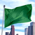 Green flag made of nylon waving on a flagpole against a city skyline and blue sky, Solid Colored Flags - Premier Nylon