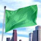 Green flag made from durable, lightweight material flying against a city skyline, Solid Colored Flags - Premier Nylon.