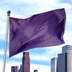 Solid Colored Flags - Premier Nylon in purple flying on a flagpole above city skyscrapers against a partly cloudy sky.
