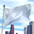 White solid colored flag made of premier nylon waving on a flagpole with a city skyline background featuring multiple high-rise buildings, Solid Colored Flags - Premier Nylon.