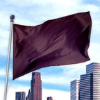 Solid Colored Flags - Premier Nylon flag in dark burgundy flying on a silver pole above city skyscrapers against a blue sky.