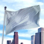 Silver solid colored flag made of premier nylon material waving on a pole against a city skyline background, Solid Colored Flags - Premier Nylon.