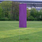 Solid Tall Advertising Flags in solid purple color standing upright on a grassy field with trees and stadium seating in the background.