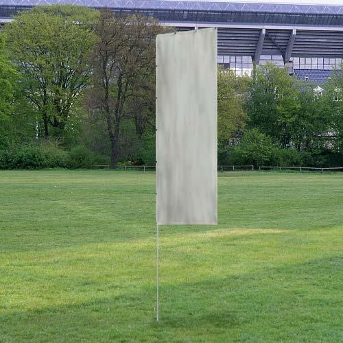 Solid Tall Advertising Flags standing on a grassy field with trees and a stadium visible in the background, designed for outdoor promotional use.