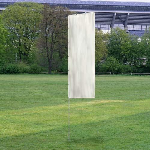Solid Tall Advertising Flags displayed outdoors on a grassy field with a blank white banner and trees in the background.