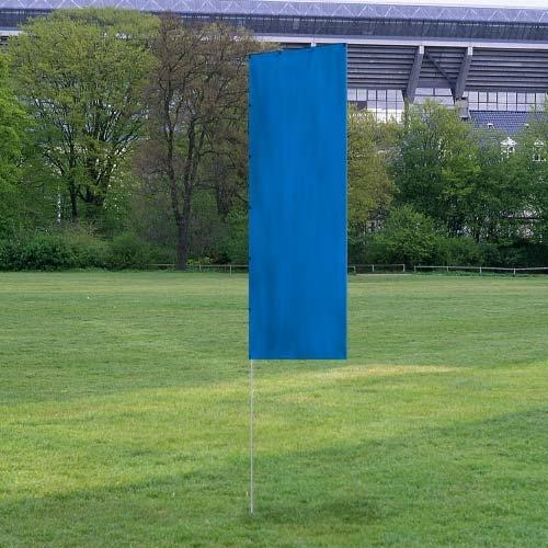 Solid Tall Advertising Flags in bright blue fabric displayed outdoors on grass with trees and a stadium in the background.