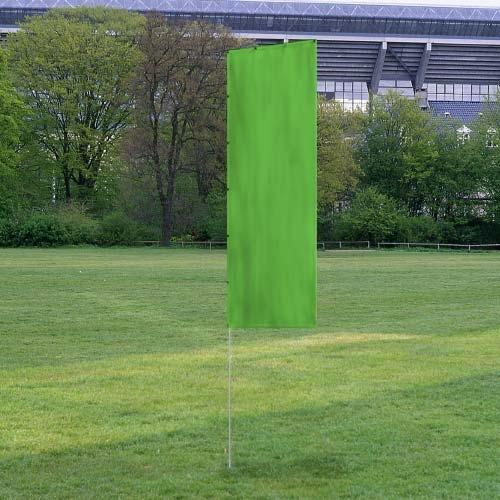 Green rectangular advertising flag mounted on a pole set up outdoors on a grassy field with trees and a large building in the background, showcasing Solid Tall Advertising Flags.