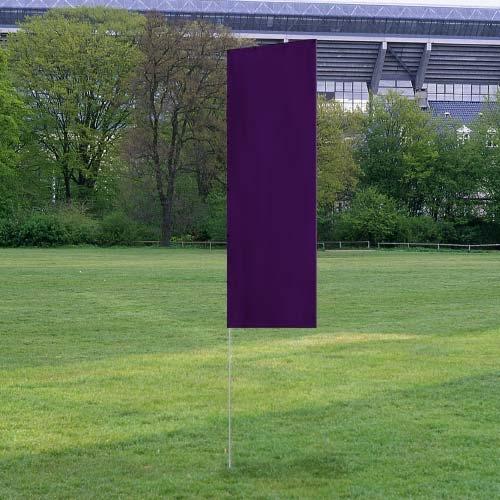 Solid Tall Advertising Flags with a tall, rectangular purple banner set up outdoors on a grassy field near trees and a stadium structure.
