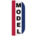 Model Tall Flutter Message Flag with vertical "MODEL" text in bold black on white background, bordered by red and blue stripes