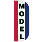 Model Tall Flutter Message Flag with vertical "MODEL" text in bold black on white background, bordered by red and blue stripes