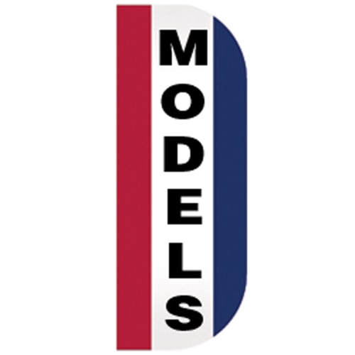 Models Tall Flutter Message Flag with vertical red, white, and blue stripes and bold black "MODELS" text in the center panel