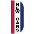 New Cars Tall Flutter Message Flag with bold black text on a vertical red, white, and blue background for promotional display.