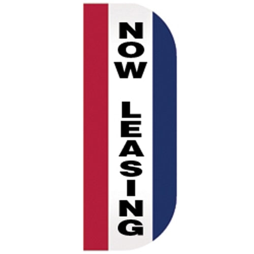 Now Leasing Tall Flutter Message Flag with vertical black text on white background, bordered by red and blue stripes.