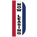 Now Leasing Tall Flutter Message Flag with vertical black text on white background, bordered by red and blue stripes.
