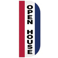 Open House Tall Flutter Message Flag with vertical black text on white background, bordered by red and blue stripes for high visibility.