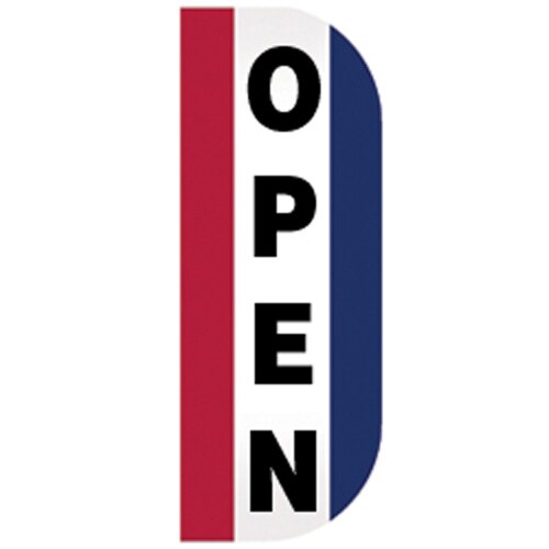 Open Tall Flutter Message Flag with vertical red, white, and blue stripes and the word OPEN in bold black letters.