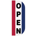 Open Tall Flutter Message Flag with vertical red, white, and blue stripes and the word OPEN in bold black letters.
