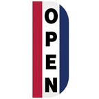 Open Tall Flutter Message Flag with vertical red, white, and blue stripes and the word OPEN in bold black letters.