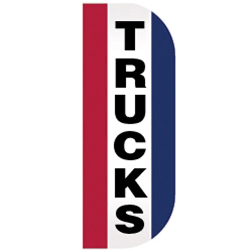 Trucks Tall Flutter Message Flag with vertical black "TRUCKS" text on white background, flanked by red and blue curved panels.