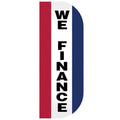We Finance Tall Flutter Message Flag with vertical black text on white background, bordered by red and blue vertical stripes.