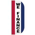 We Finance Tall Flutter Message Flag with vertical black text on white background, bordered by red and blue vertical stripes.