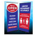 Two Black Retractable Standing Banner With Custom Graphic displays, one with a "We're OPEN Again" sign and service options, the other showing social distancing guidelines.