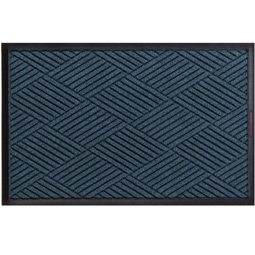 Rectangular dark blue and black entrance mat with diagonal striped geometric pattern, featuring Waterhog Eco Premier Mats branding.