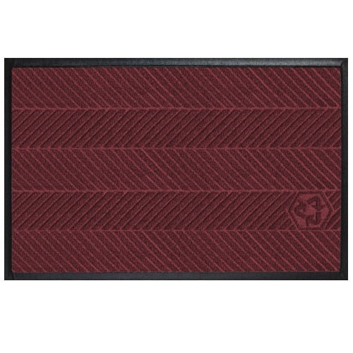Waterhog Eco Elite Mats in deep red with textured diagonal striped pattern and black border, featuring a subtle eco-friendly logo.