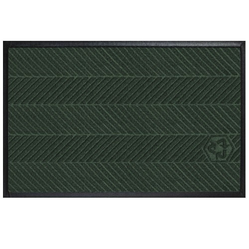 Waterhog Eco Elite Mats in dark green with diagonal textured pattern and a subtle recycling symbol in the corner, designed for durability and eco-friendliness.
