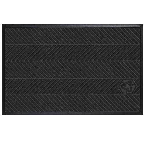Black textured entrance mat with diagonal herringbone pattern and subtle logo detail, designed as Waterhog Eco Elite Mats for indoor use.