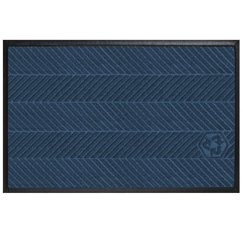 Waterhog Eco Elite Mats in indigo blue with textured chevron pattern and black border designed for high durability and cleanliness.