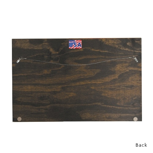 Back of wooden framed sign with hoo