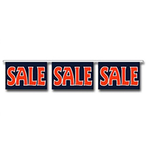 three sale signs on banner
