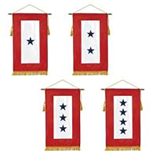 Four decorative service banners in red with white centers, each featuring one to four blue stars and gold fringe, known as Blue Star Service Banners.