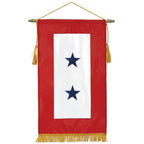 Blue Star Service Banners featuring two blue stars on a white vertical stripe with a red background and gold fringe trim.